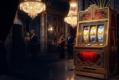 Máquina de slots dourada com símbolos de frutas e pedras preciosas