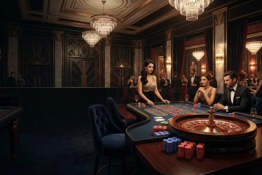 Mesa de cassino com roleta, fichas e cartas