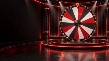 Roda de game show com segmentos vermelhos, brancos e escuros.